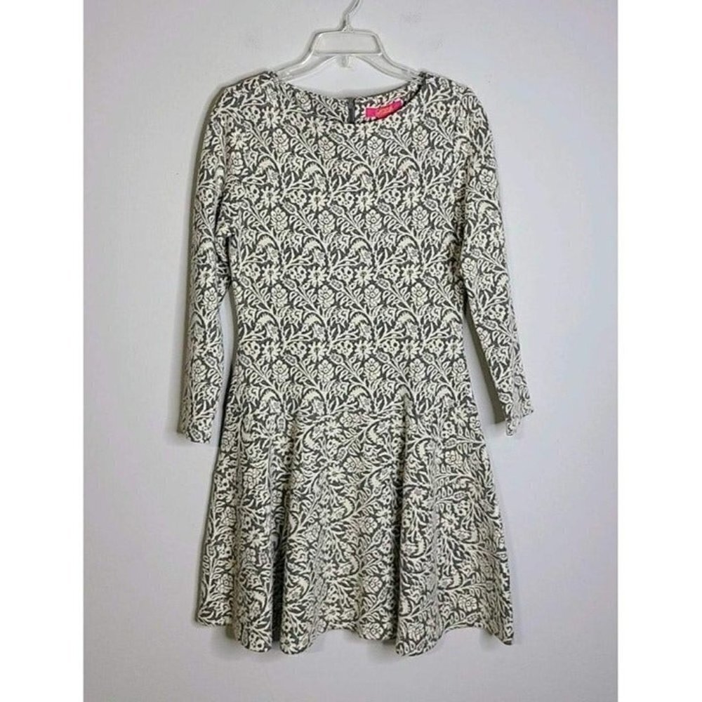 Catherine Malandrino Gray & Ivory Wool Blend 3/4 Sleeve Fit & Flare Dress L